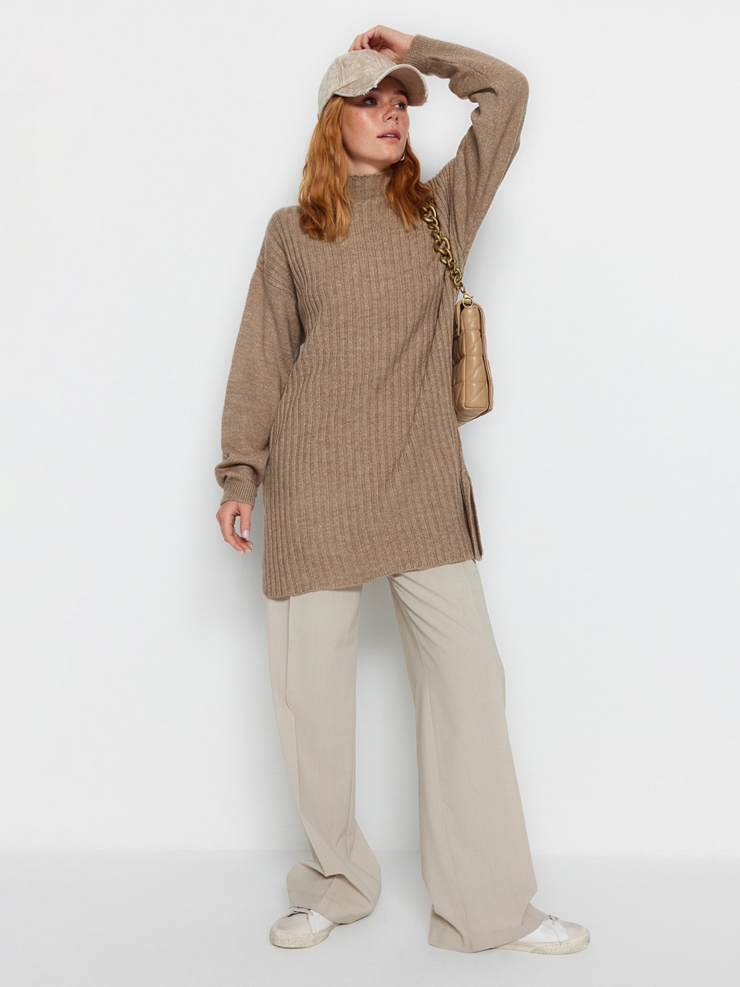 

Trendyol Ribbed High Neck Acrylic Longline Pullover, Brown