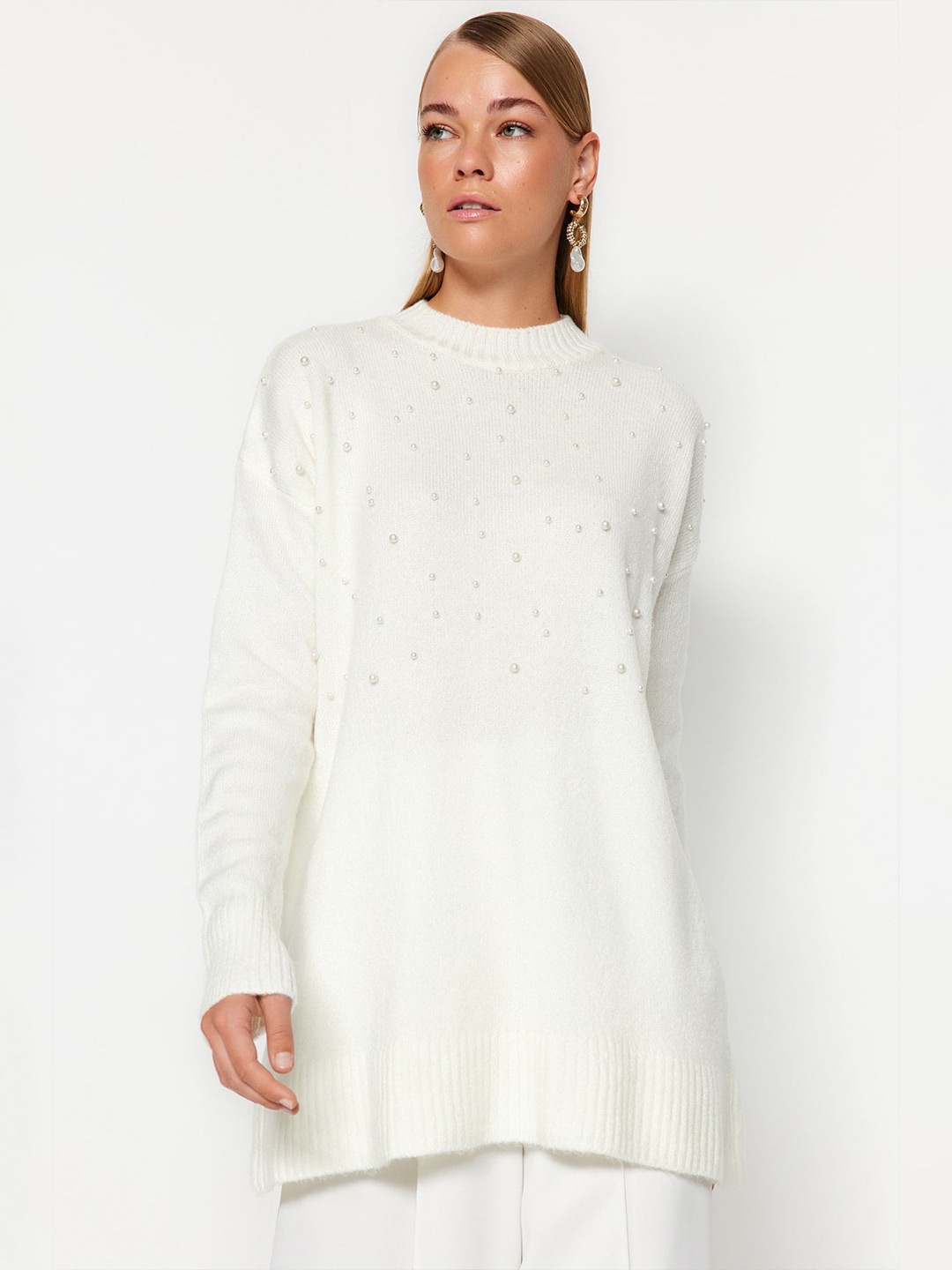 

Trendyol Embellished Pure Acrylic Longline Pullover Sweaters, Off white