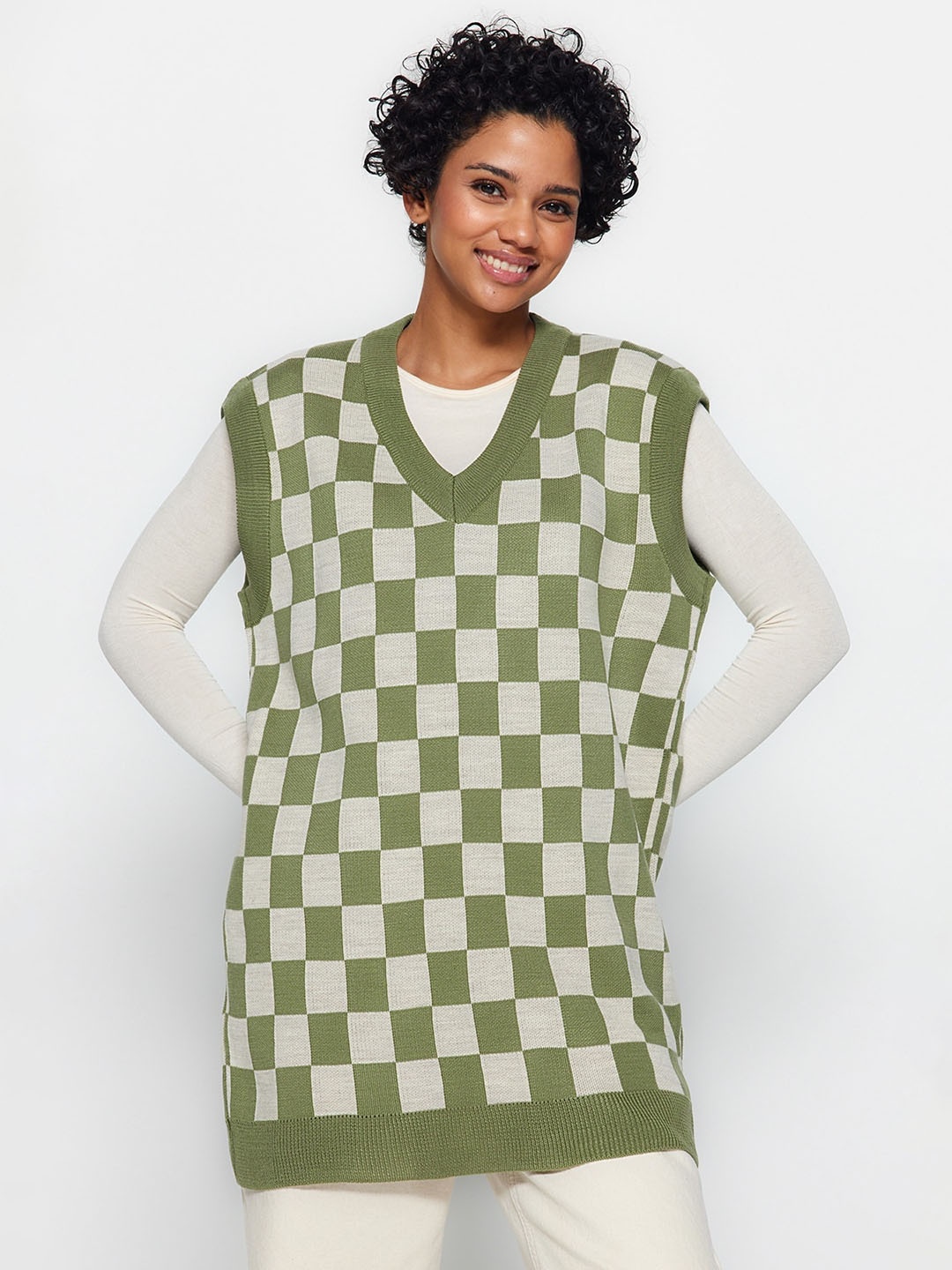 

Trendyol Checked Longline Acrylic Sweater Vest, Green
