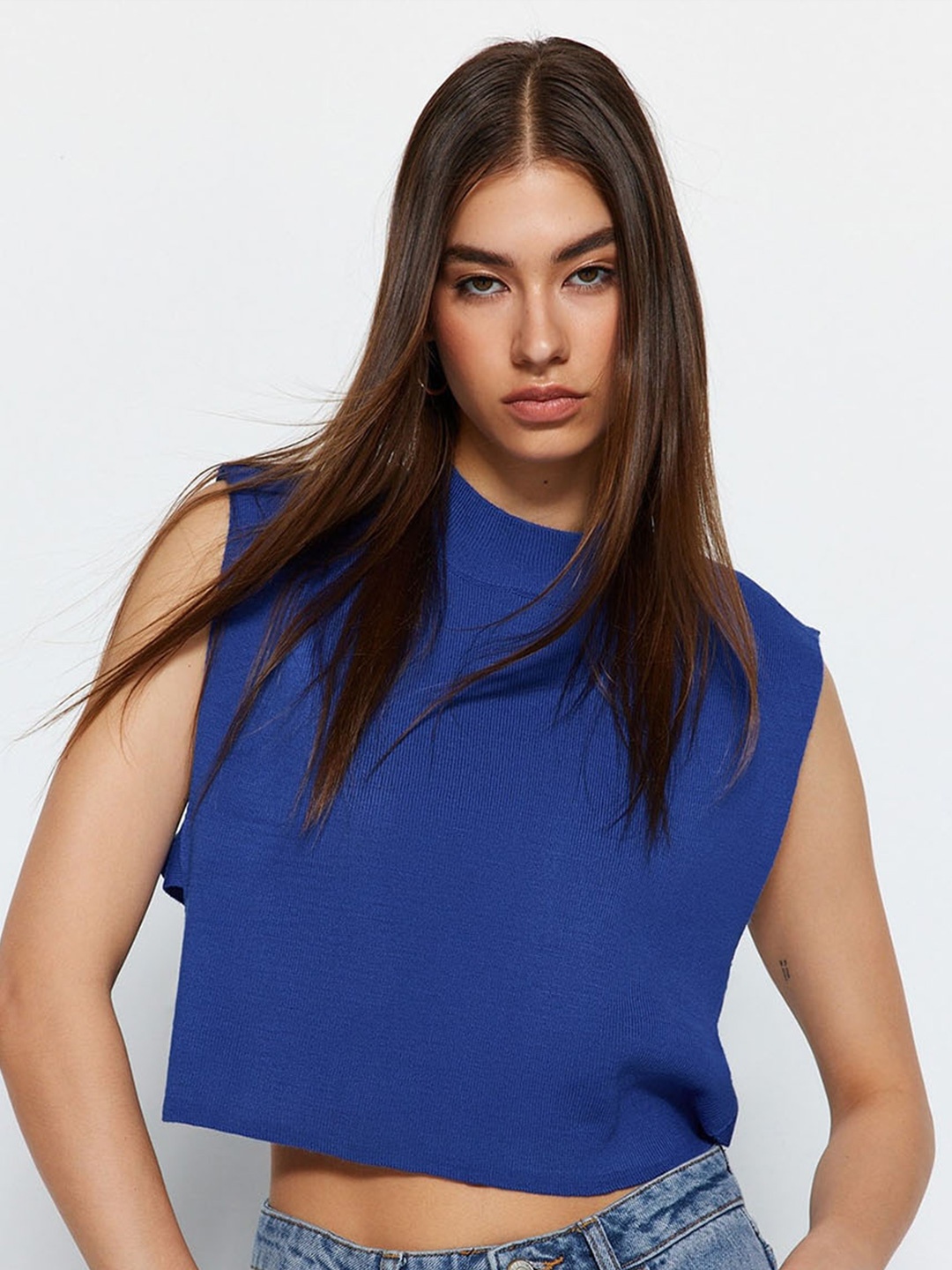 

Trendyol Ribbed Crop Sweater Vest, Blue