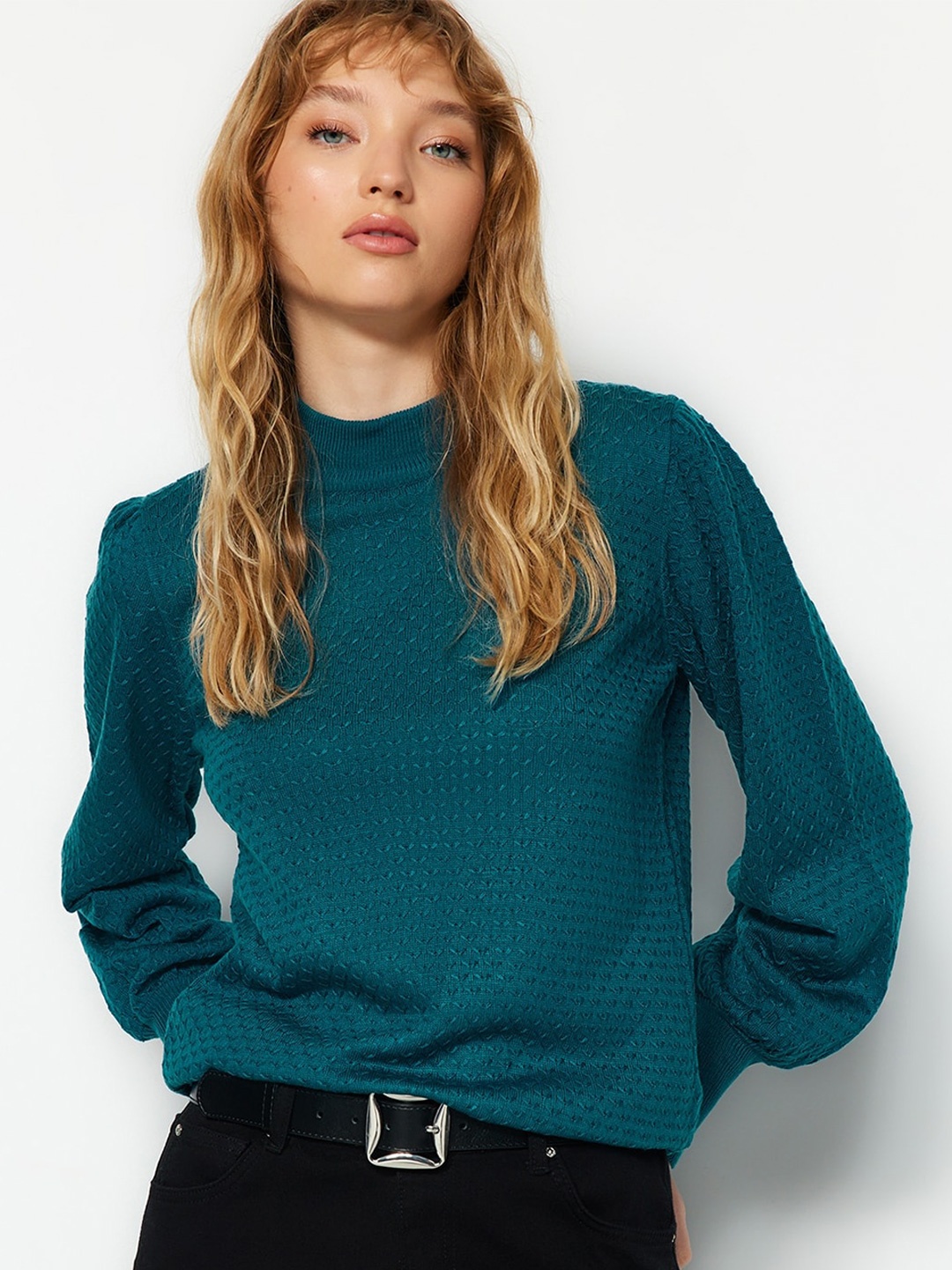 

Trendyol Geometric Self Design High Neck Pure Acrylic Pullover, Green