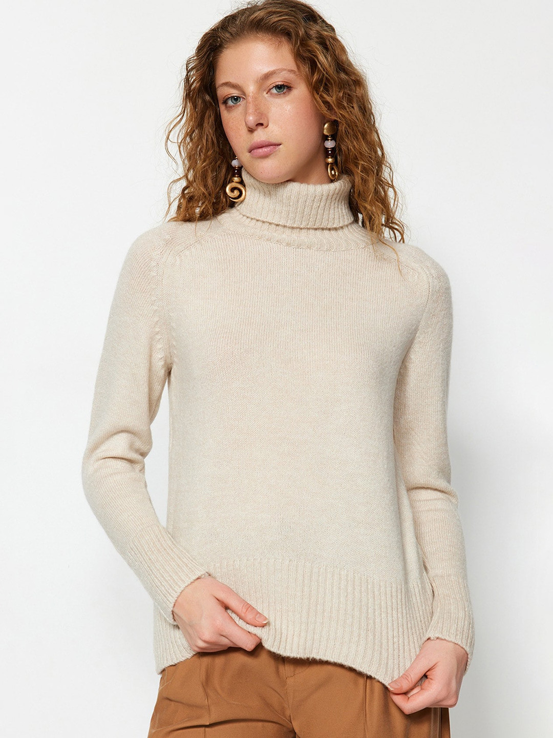 

Trendyol Ribbed Turtle Neck Pullover, Beige