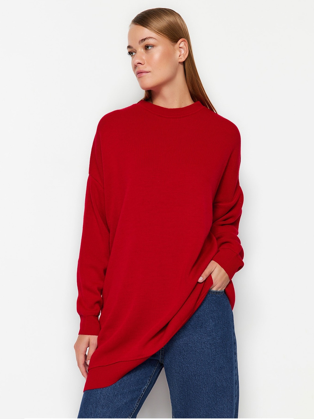 

Trendyol Drop Shoulder Sleeves Longline Pullover, Red
