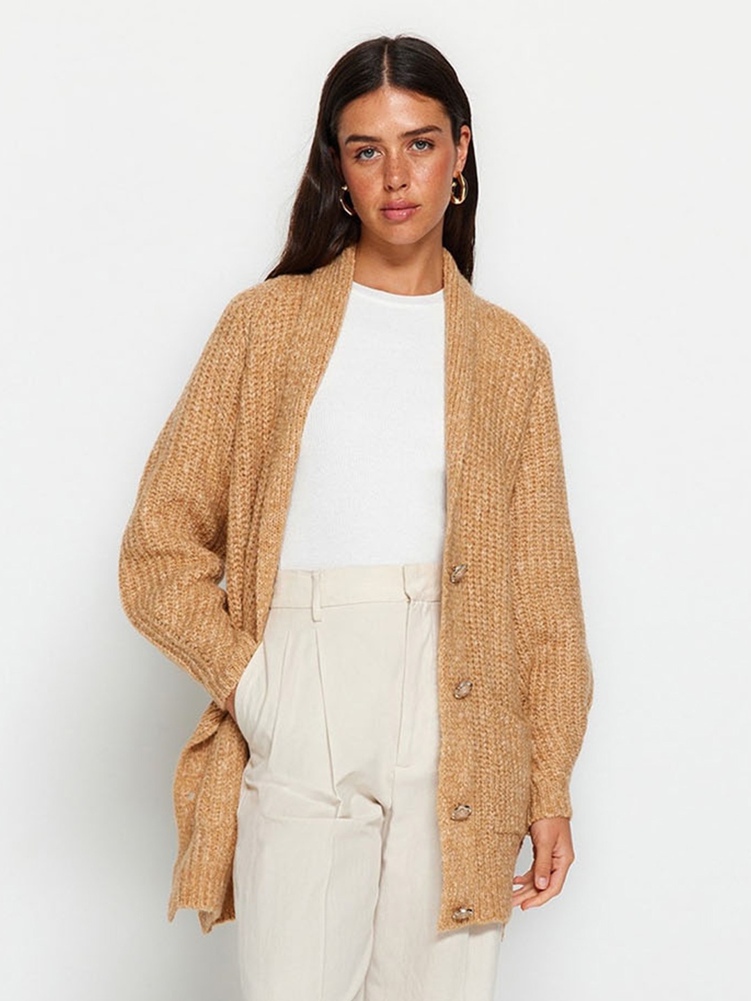 

Trendyol Self Design Cable Knit Longline Cardigan, Brown