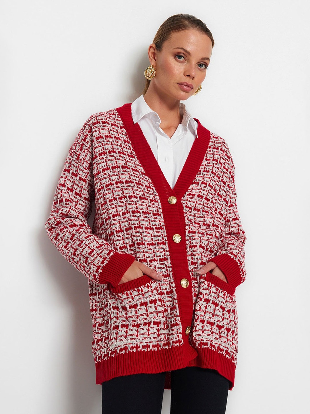 

Trendyol Checked V-Neck Longline Cardigan, Red