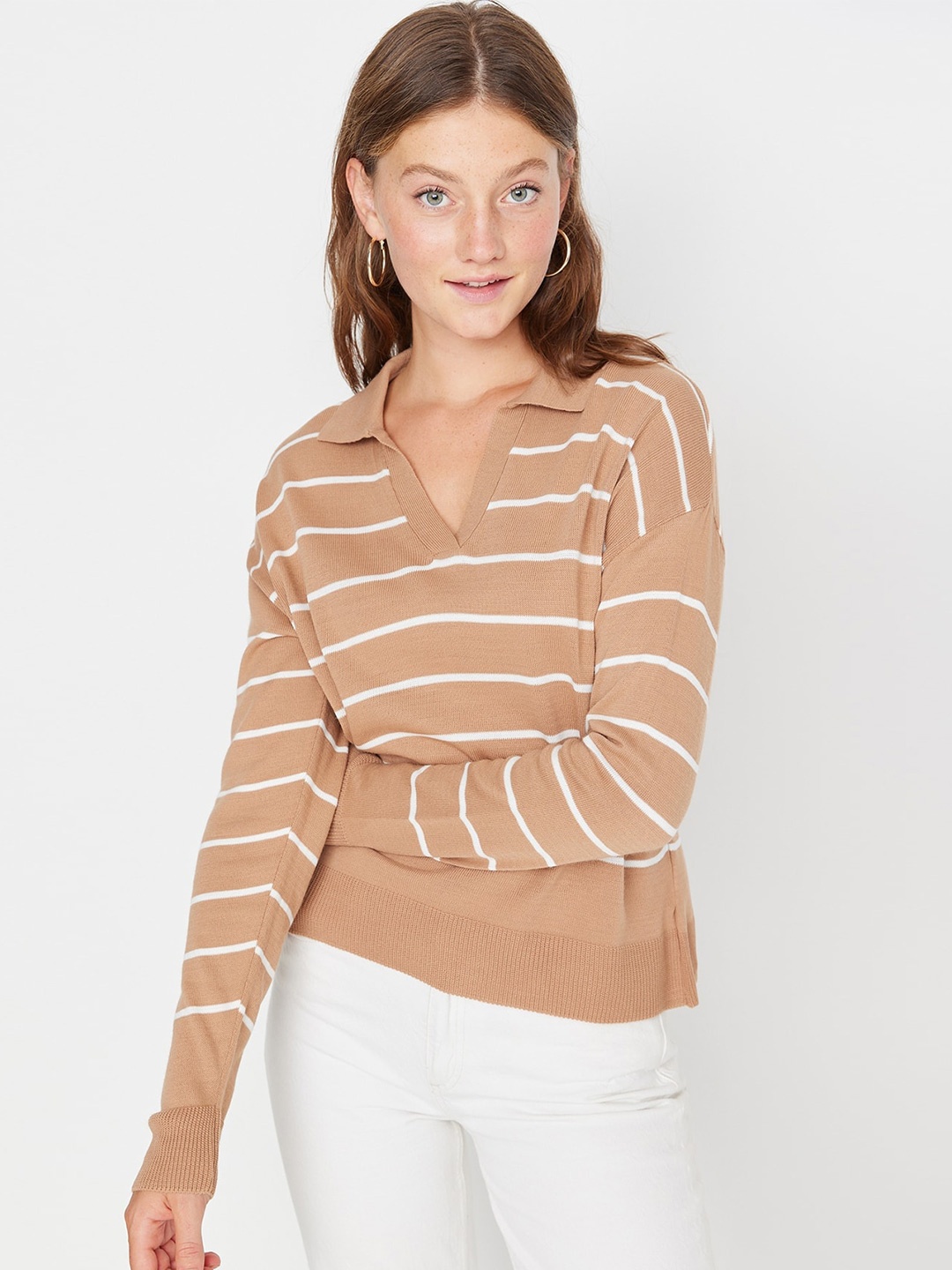 

Trendyol Shirt Collar Striped Acrylic Pullover, Brown