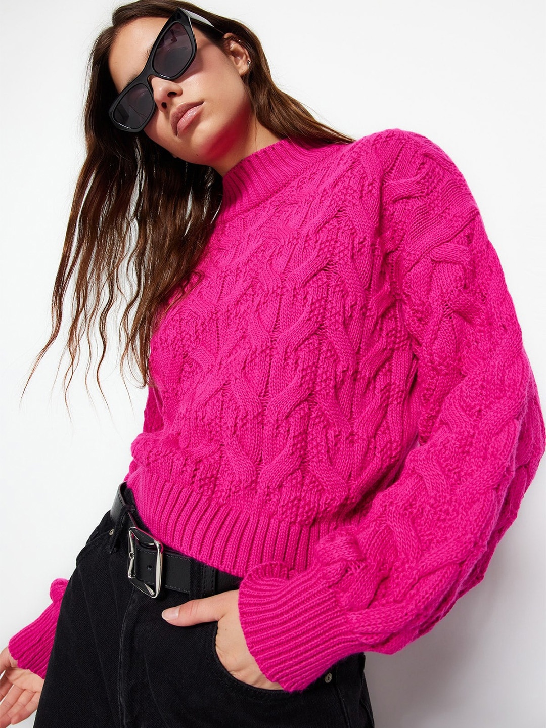 

Trendyol Mock Collar Cable Knit Pullover, Pink