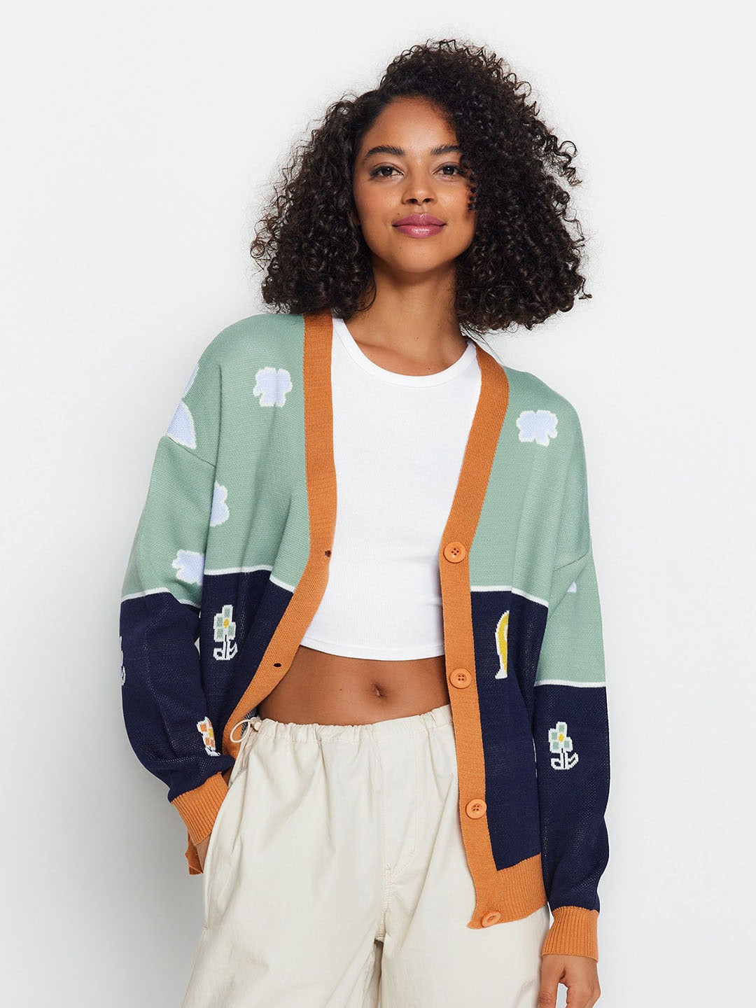 

Trendyol Colourblocked V-Neck Acrylic Cardigan, Green