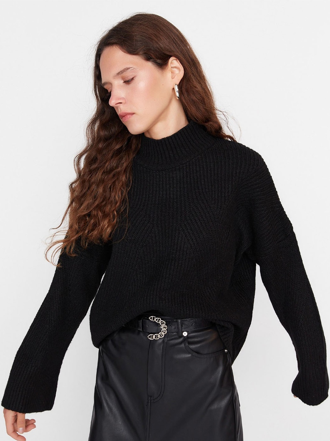 

Trendyol Ribbed Mock Collar Pullover Sweater, Black