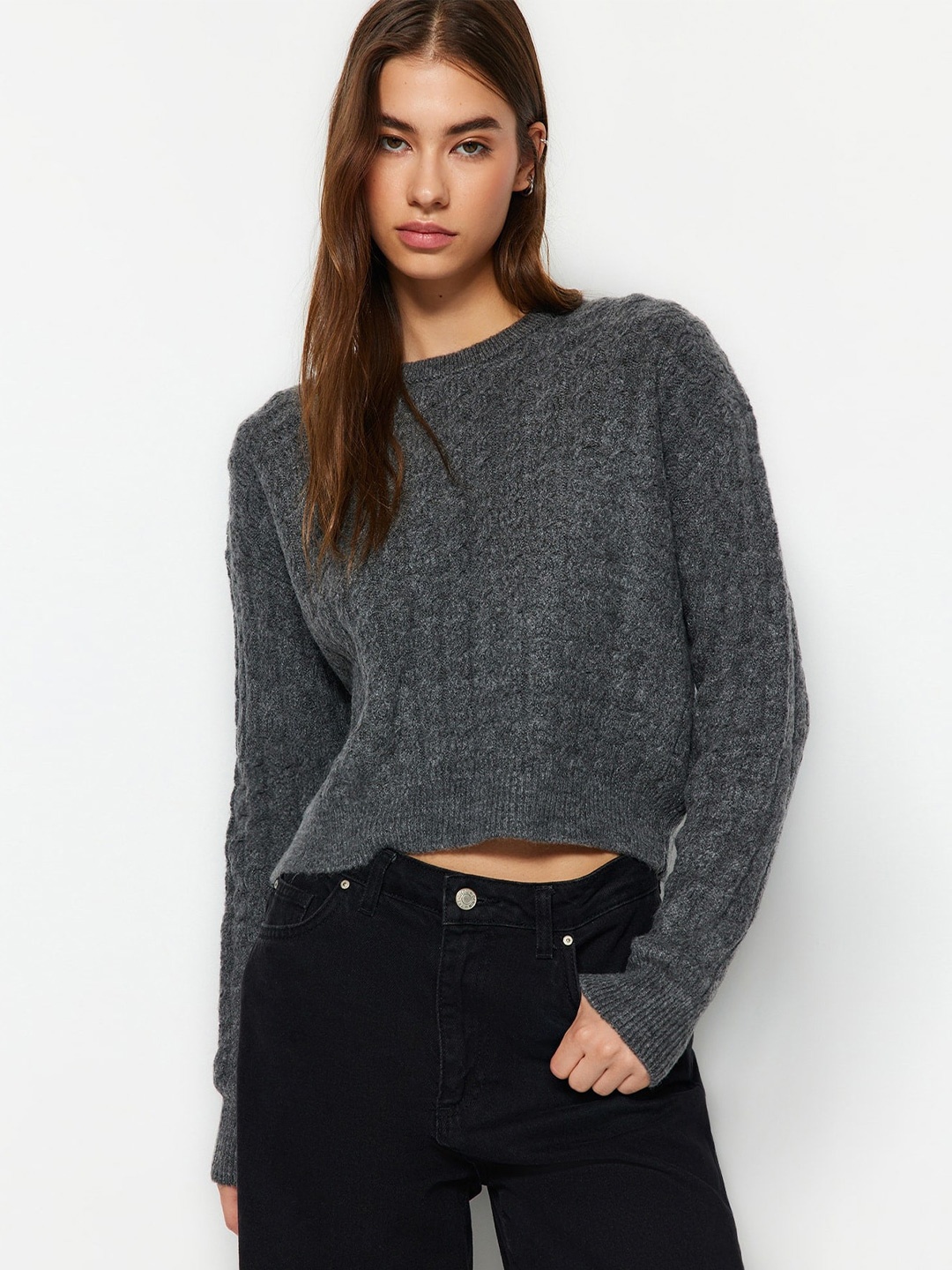 

Trendyol Cable Knit Long Sleeves Pullover, Grey