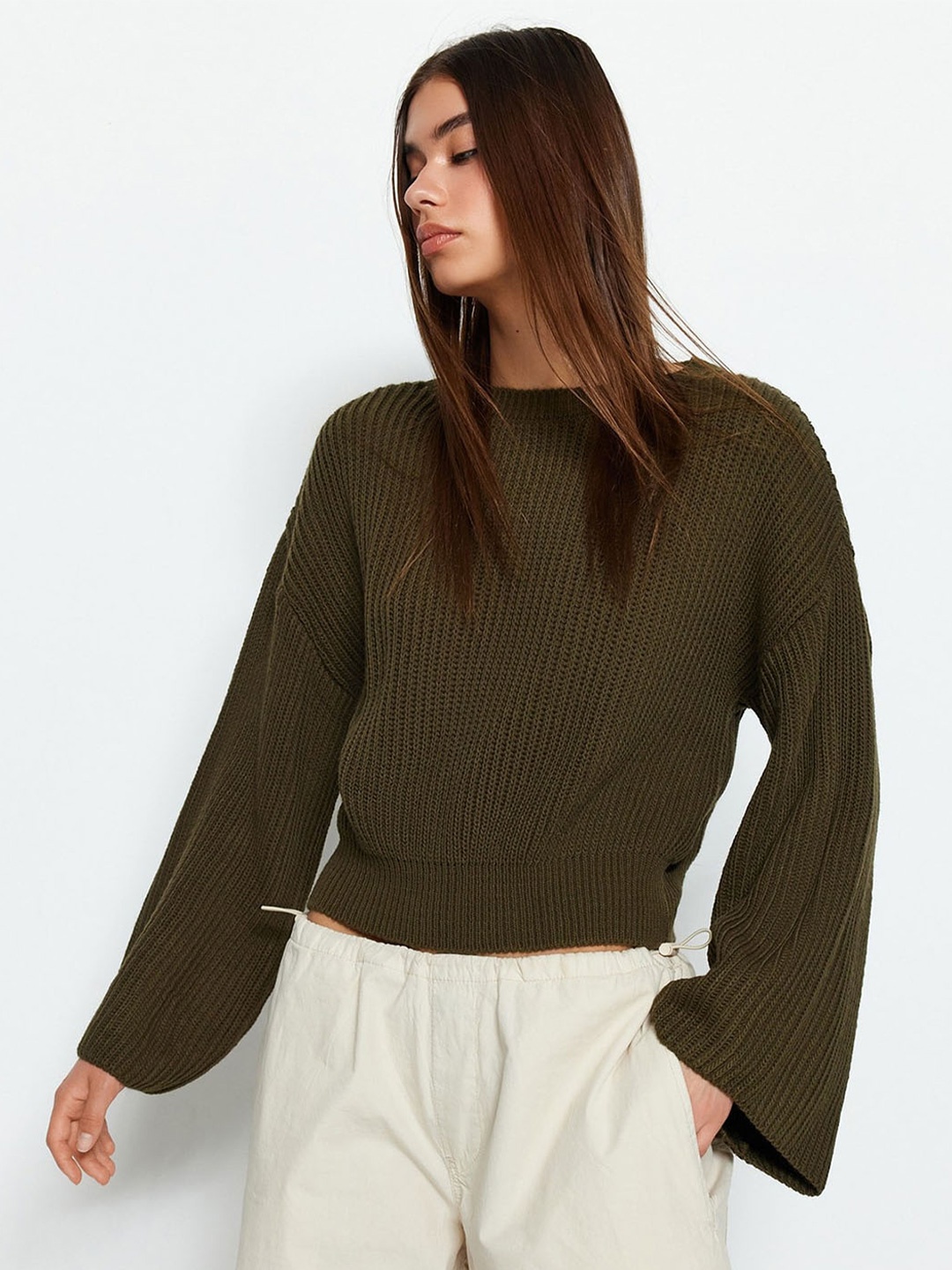 

Trendyol Ribbed Round Neck Long Sleeves Pure Acrylic Crop Pullover Sweaters, Olive