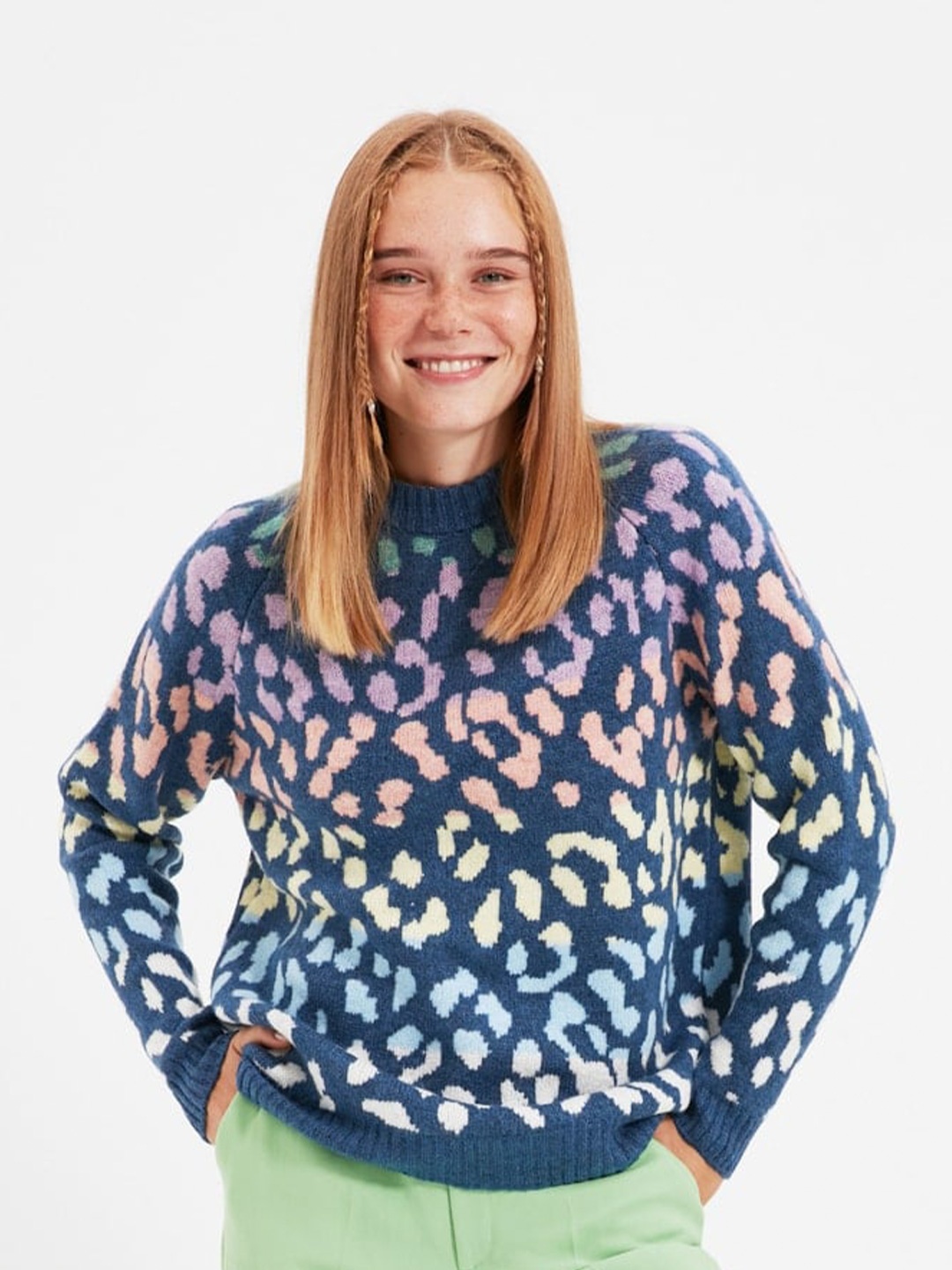 

Trendyol Animal Self Design Acrylic Pullover, Blue