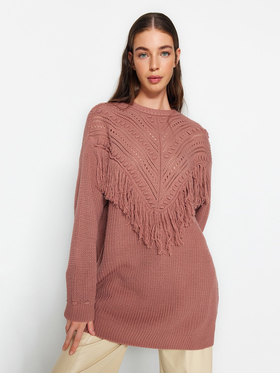 

Trendyol Open Knit Self Design Acrylic Longline Pullover With Fringed Detail, Pink