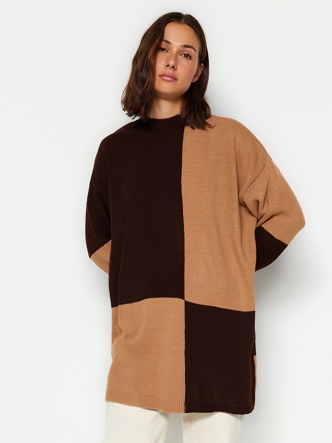 

Trendyol Colourblocked High Neck Longline Pullover, Brown