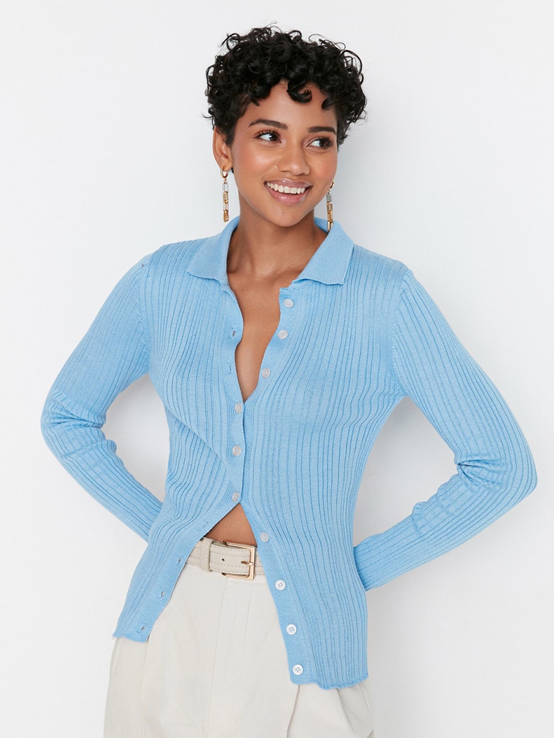 

Trendyol Shirt Collar Ribbed Cardigan, Blue