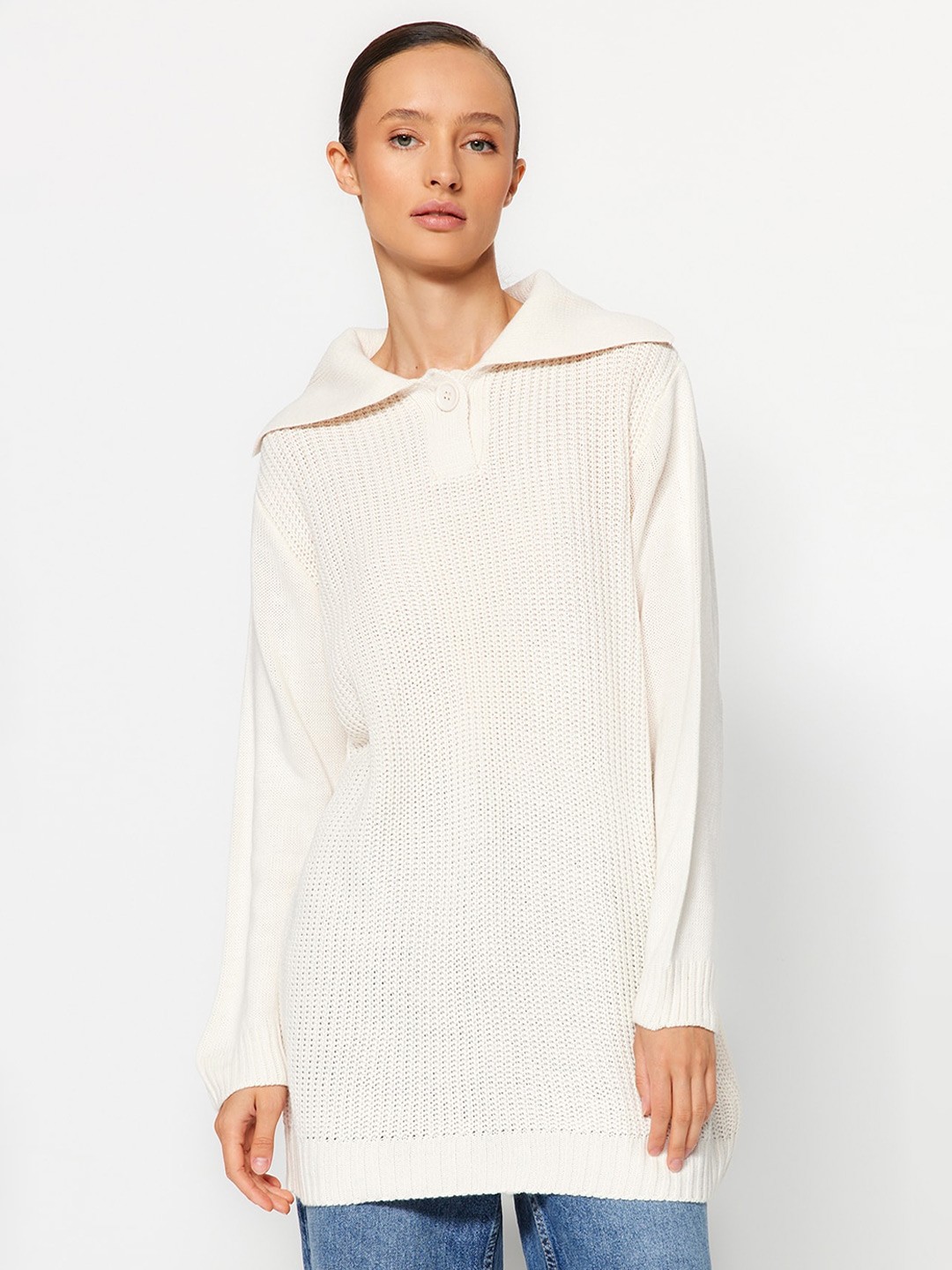 

Trendyol Striped Self Design Longline Shirt Collar Acrylic Pullover, Beige