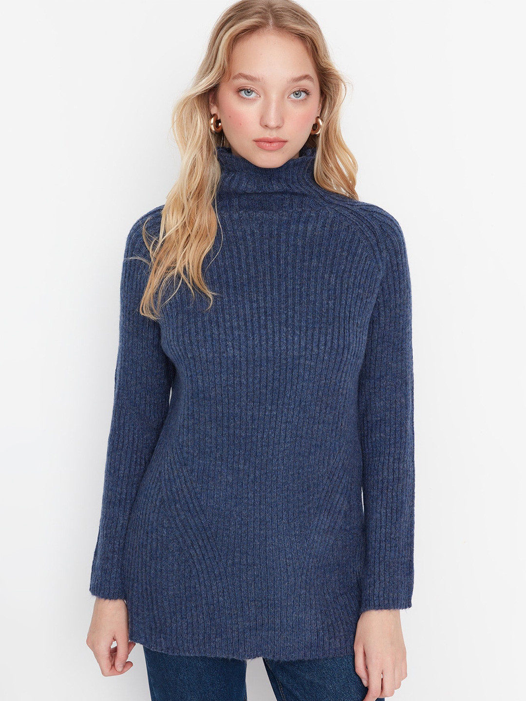 

Trendyol Ribbed Turtle Neck Pullover Longline Sweater, Blue