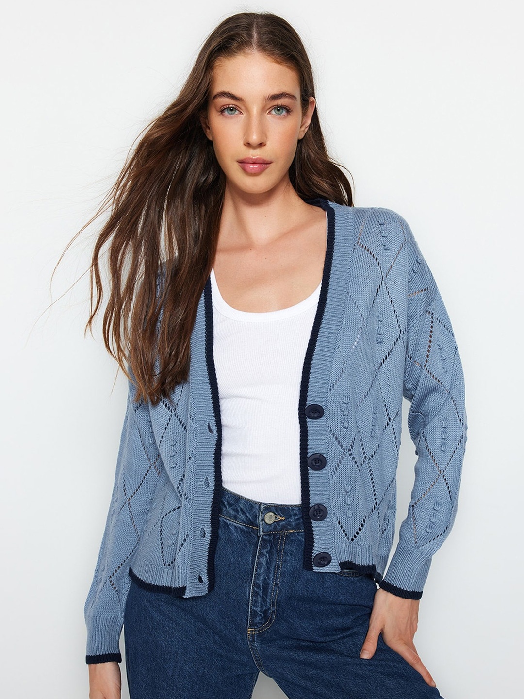 

Trendyol Open Knit Self Design V-Neck Acrylic Cardigan Sweater, Blue