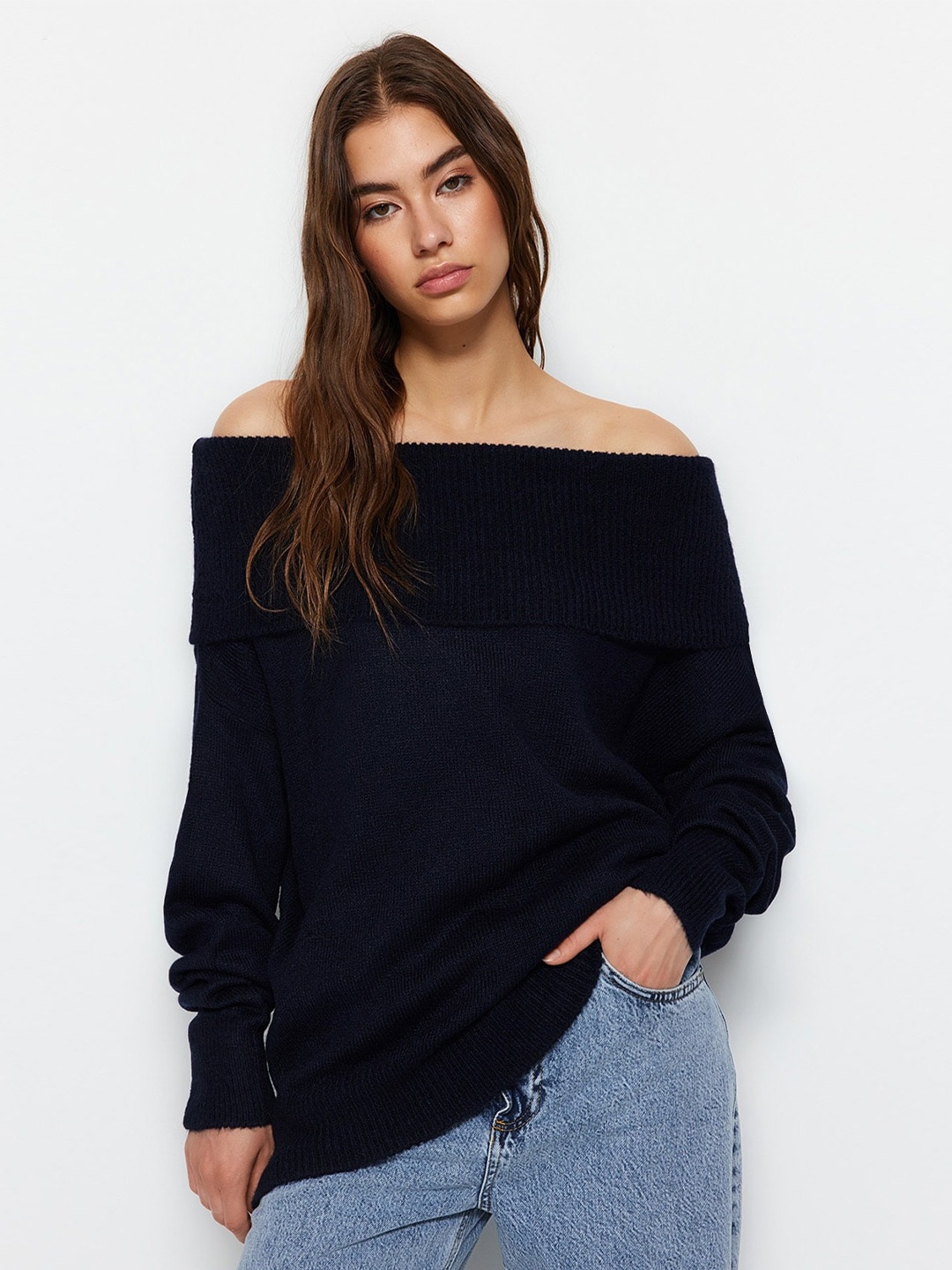 

Trendyol Off-Shoulder Ribbed Pullover Sweaters, Black