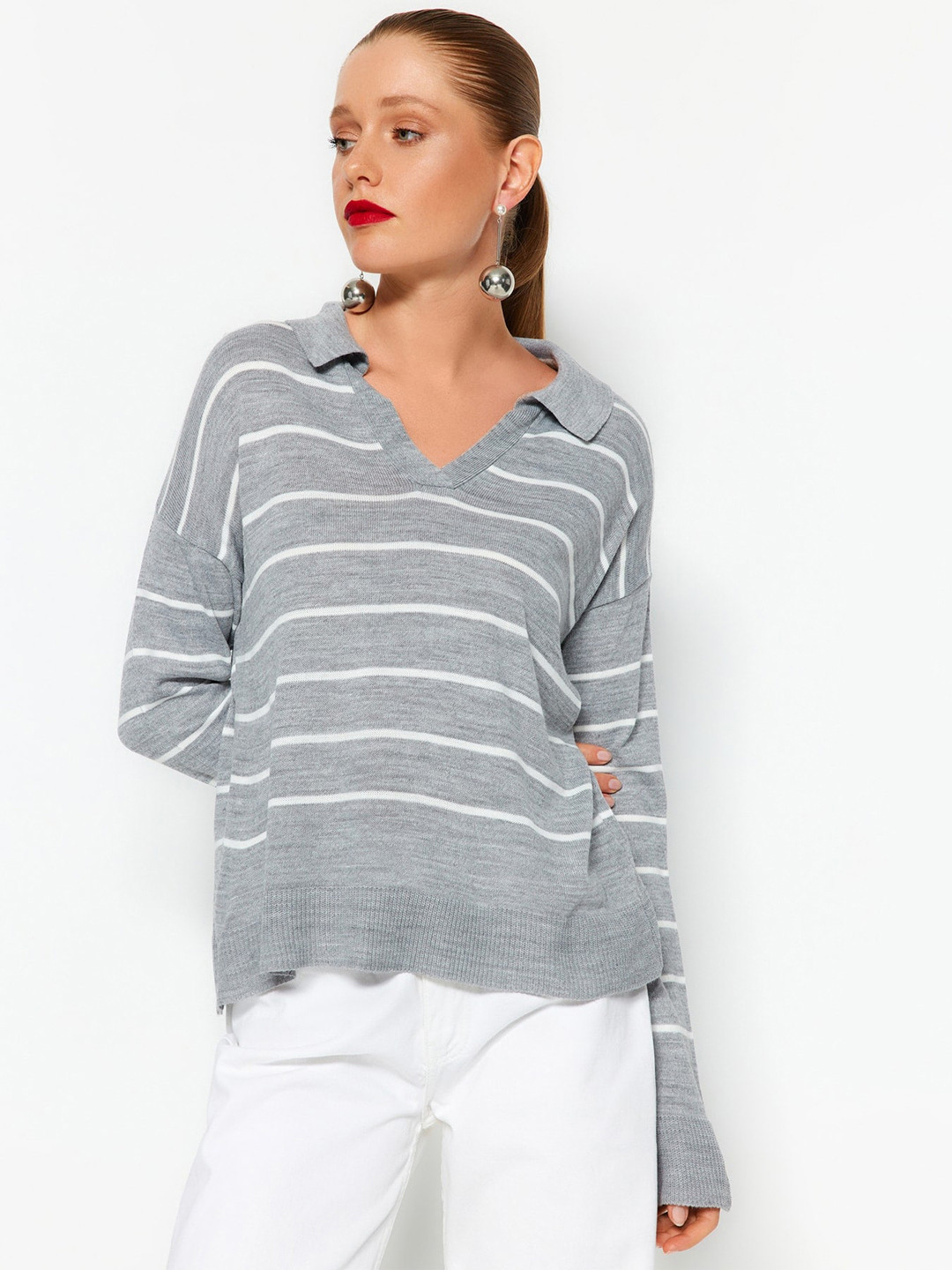 

Trendyol Striped Shawl Collar Pullover, Grey