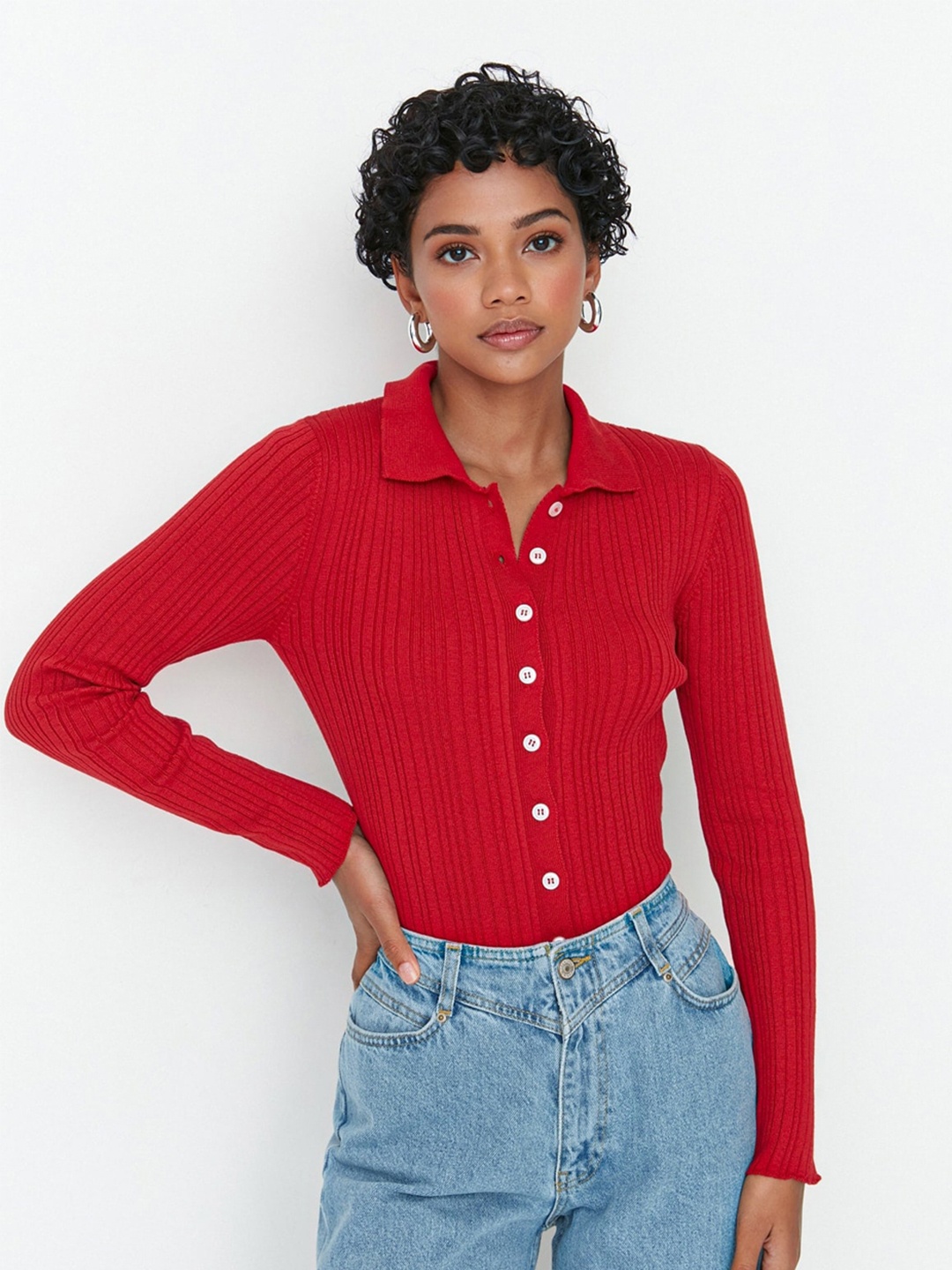 

Trendyol Self Design Spread Collar Cardigan Sweater, Red