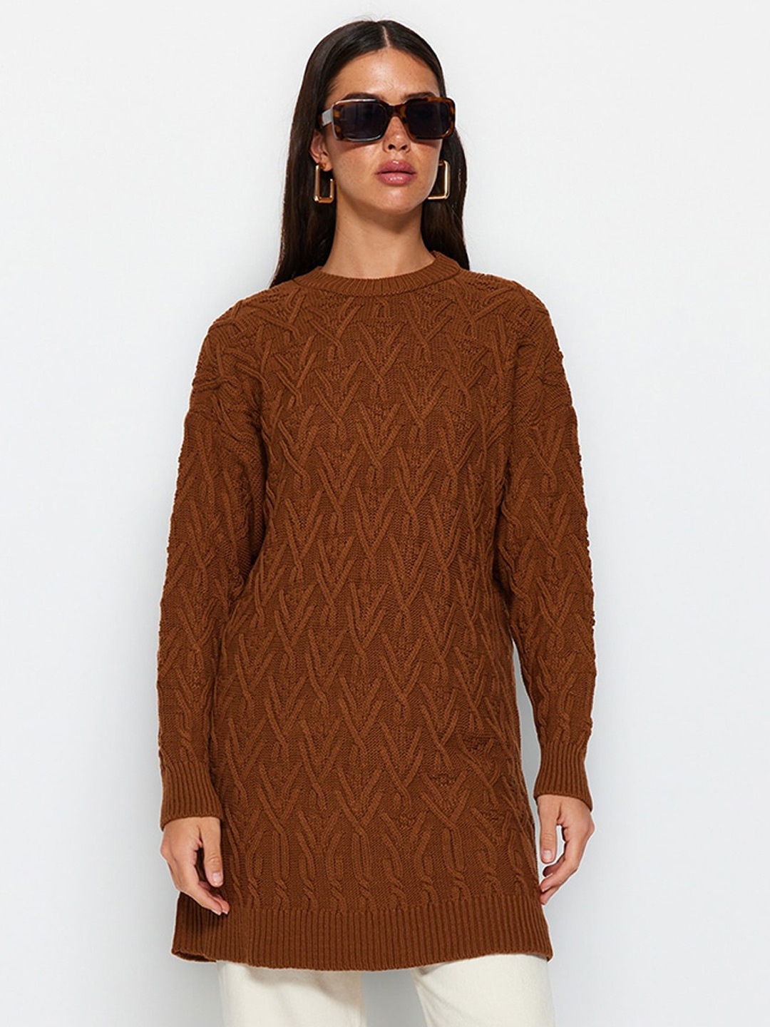 

Trendyol Cable Knit Drop Shoulder Sleeves Longline Pullover, Brown