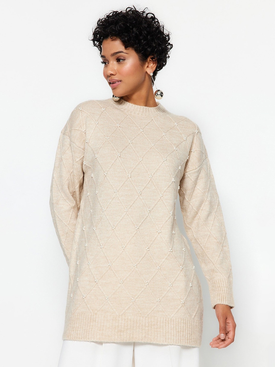 

Trendyol Cable Knit Self Design Embellished Detail Longline Acrylic Pullover, Cream