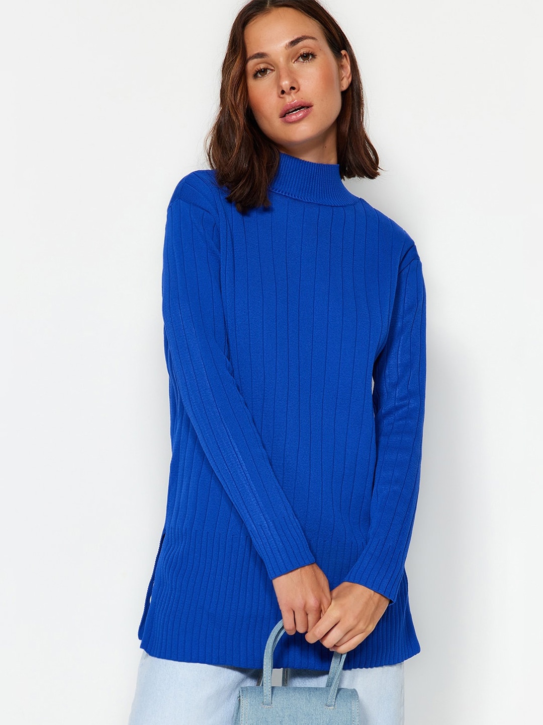 

Trendyol Striped Turtle Neck Long Sleeves Longline Pullover Sweaters, Blue