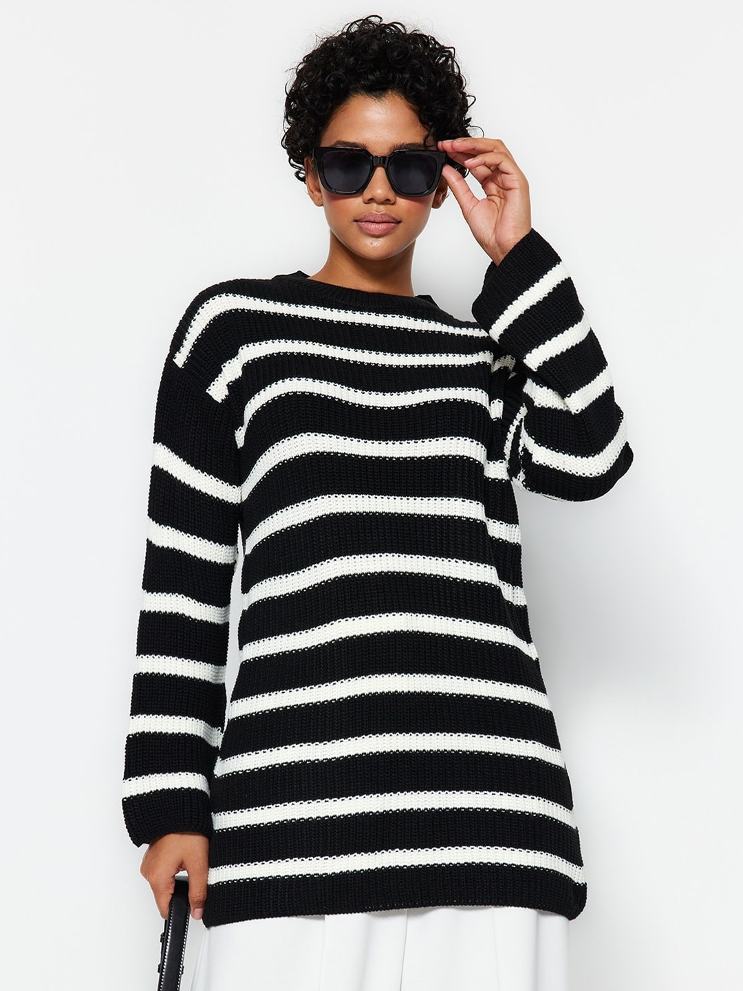 

Trendyol Striped Acrylic Pullover Sweater, Black