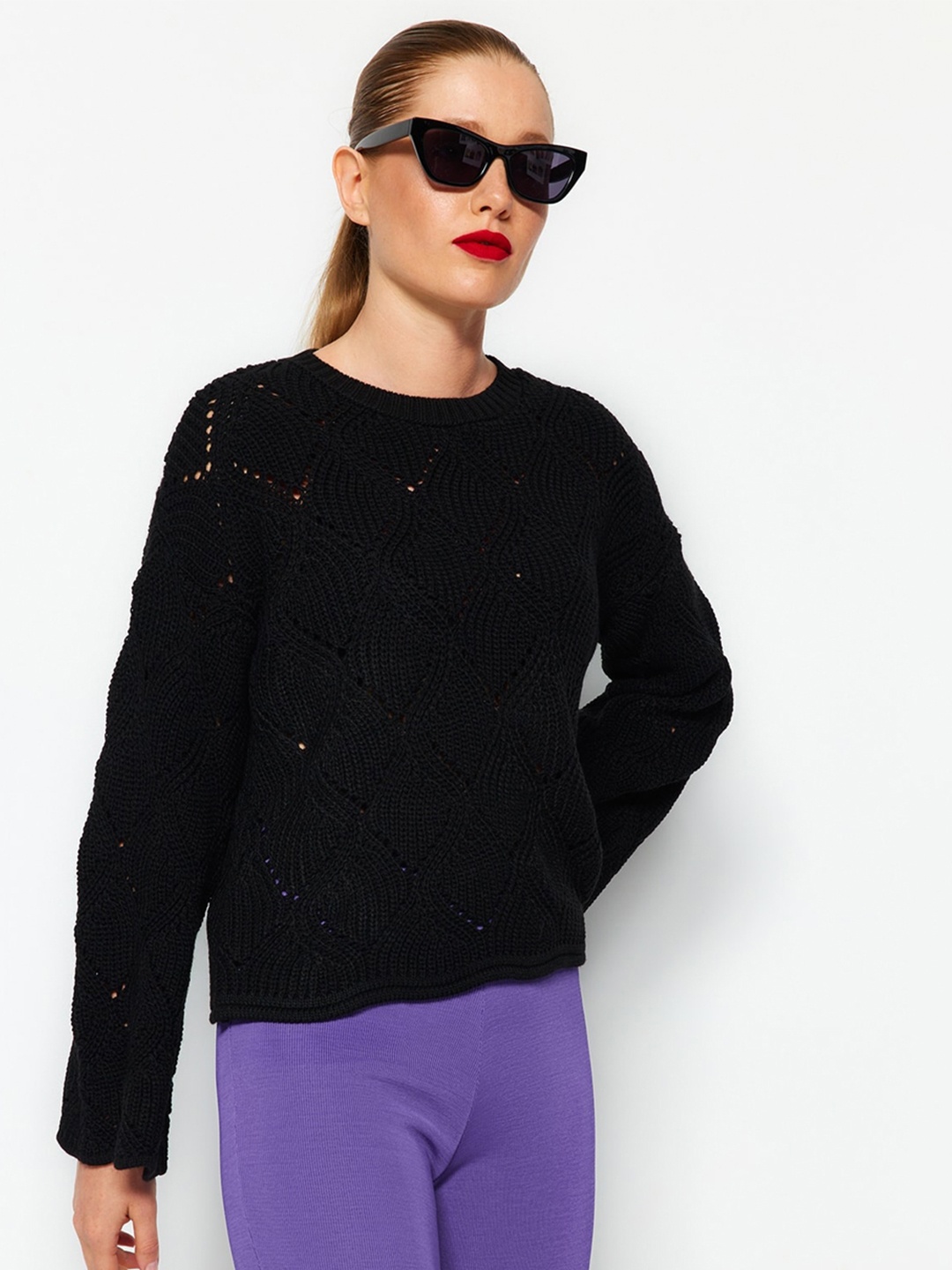 

Trendyol Open Knit Self Design Acrylic Pullover, Black