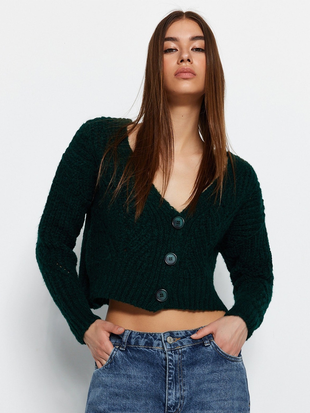 

Trendyol Ribbed V-Neck Crop Acrylic Cardigan, Green