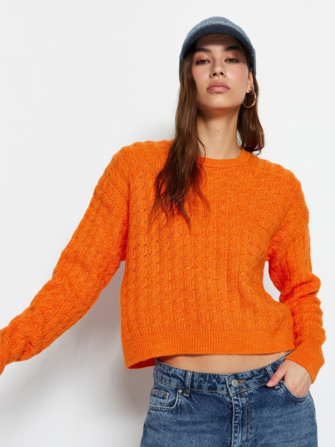 

Trendyol Cable Knit Self Design Pullover Sweater, Orange