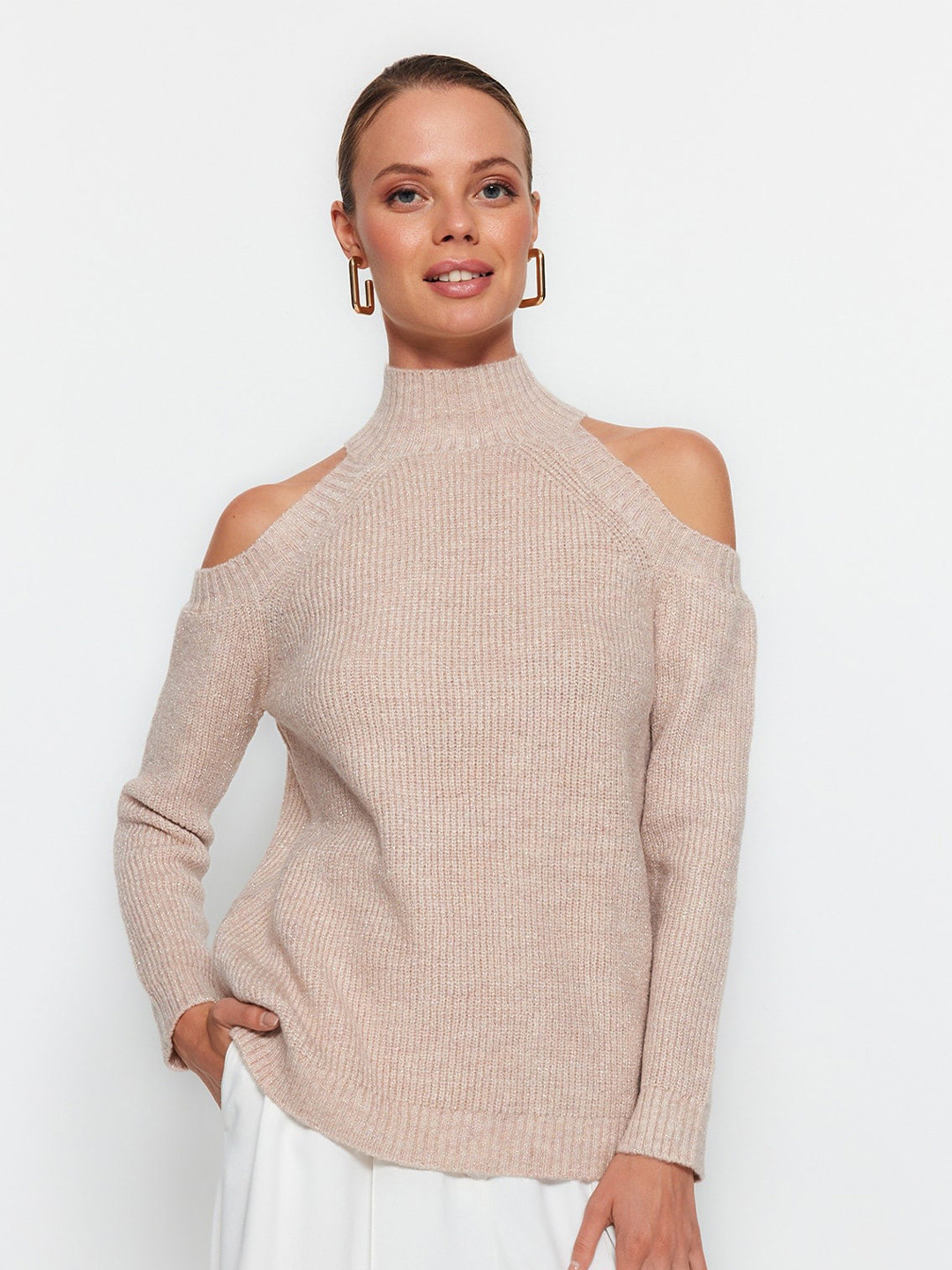 

Trendyol Mock Mock Ribbed Cold Shoulder Pullover, Beige