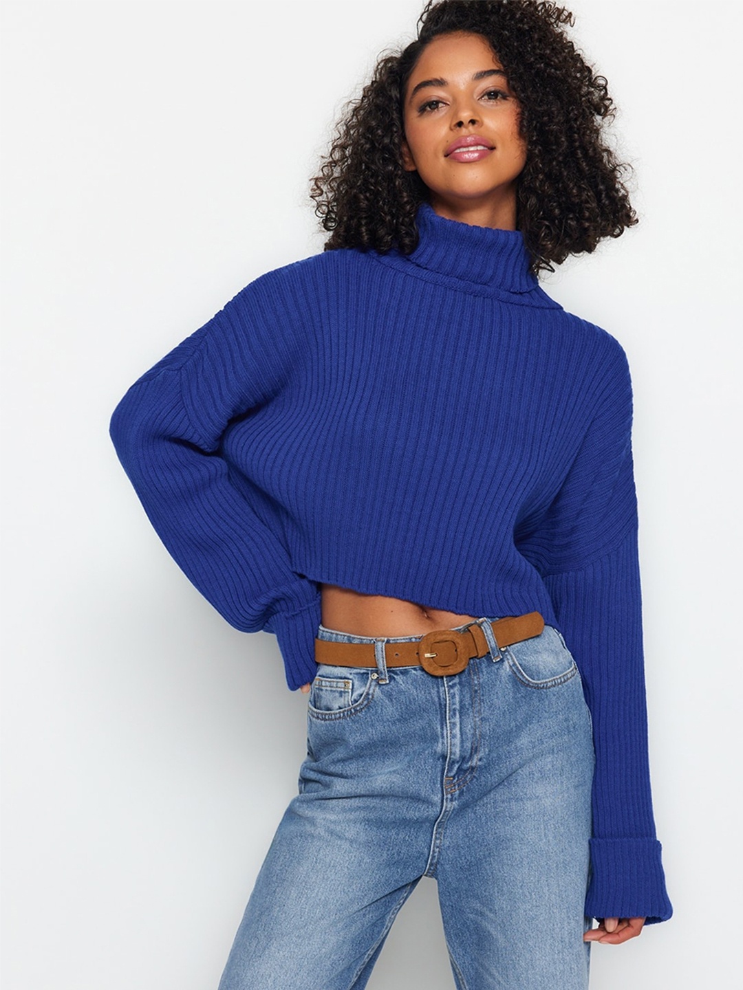 

Trendyol Ribbed Turtle Neck Acrylic Crop Pullover Sweaters, Blue