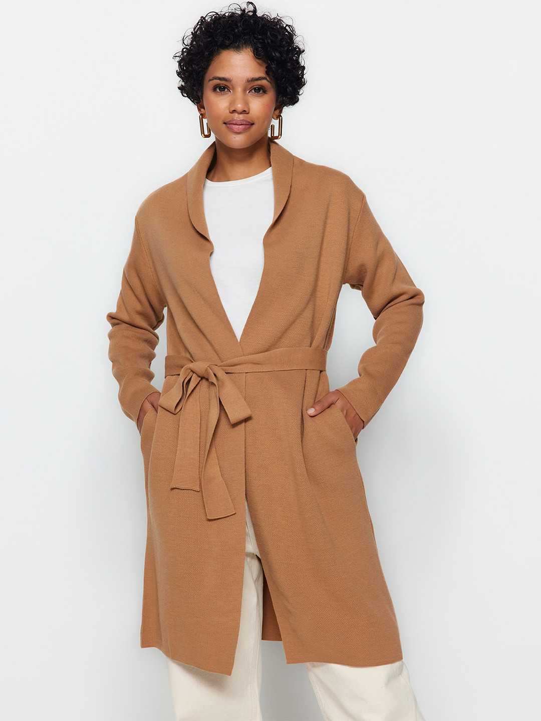 

Trendyol Shawl Collar Belted Longline Pullover Sweaters, Beige