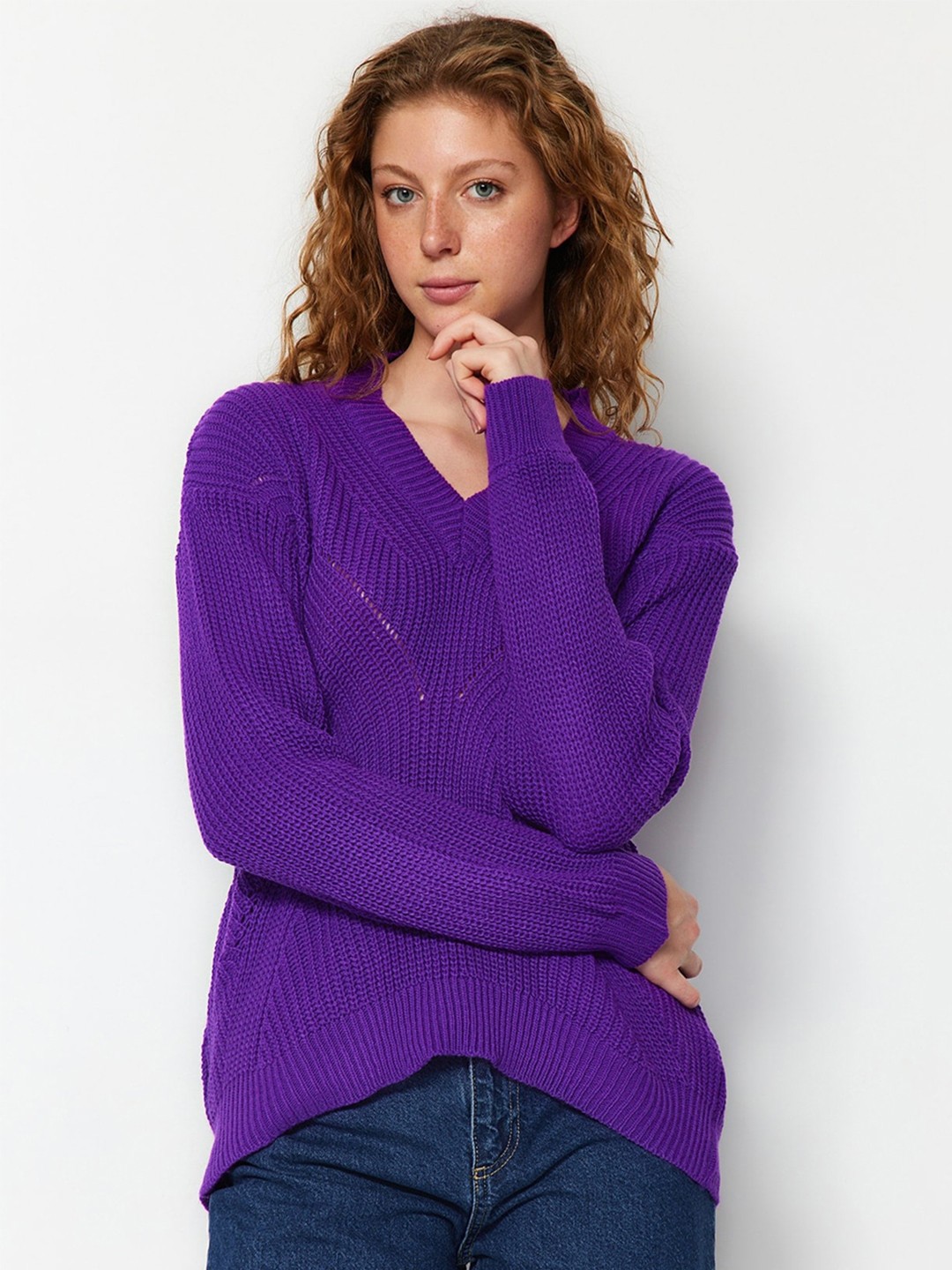 

Trendyol V-Neck Ribbed Acrylic Pullover, Purple