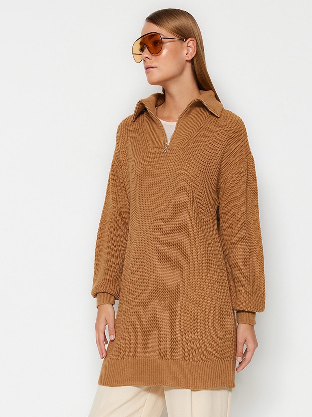 

Trendyol Ribbed Shirt Collar Long Sleeve Acrylic Pullover Sweaters, Brown