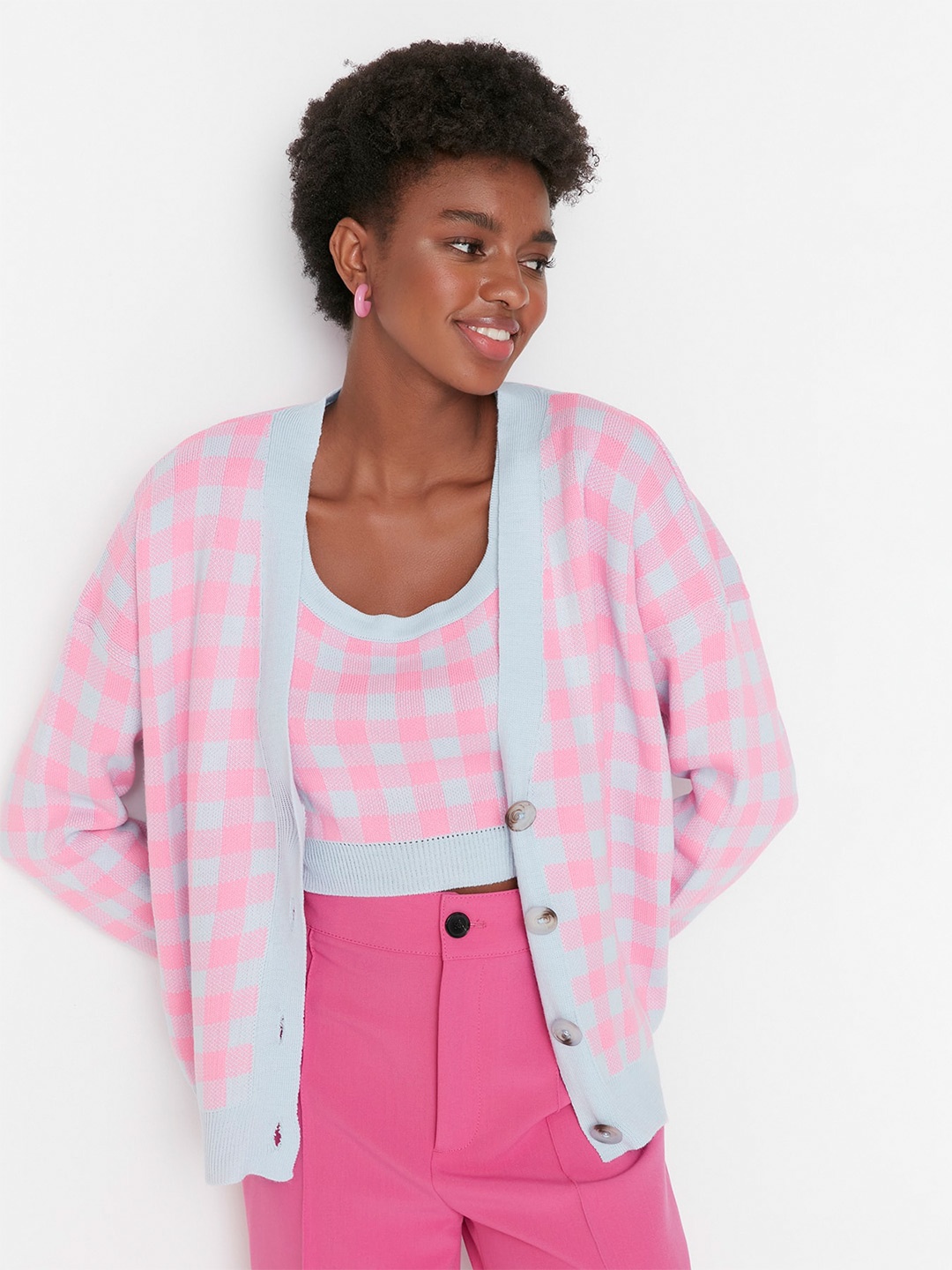 

Trendyol Checked Acrylic Cardigan Sweater, Pink