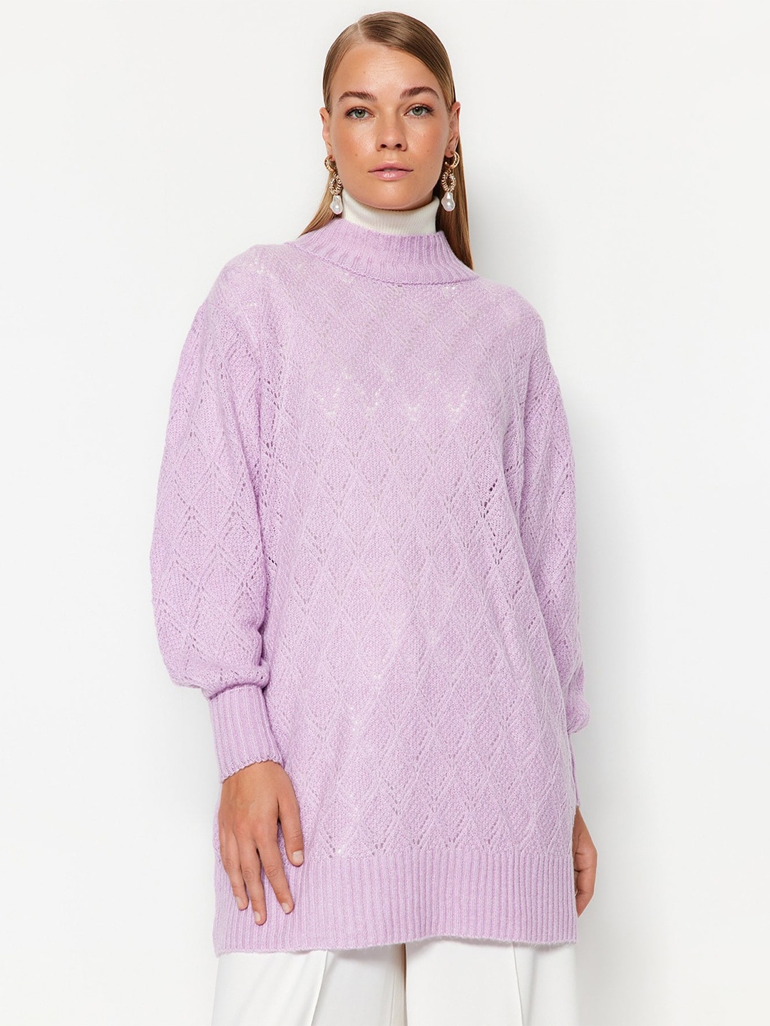 

Trendyol Mock Collar Longline Pullover, Purple