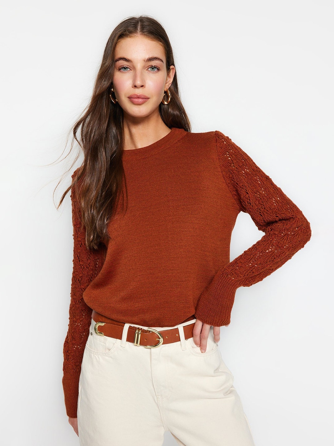 

Trendyol Self Design Acrylic Pullover Sweater, Brown