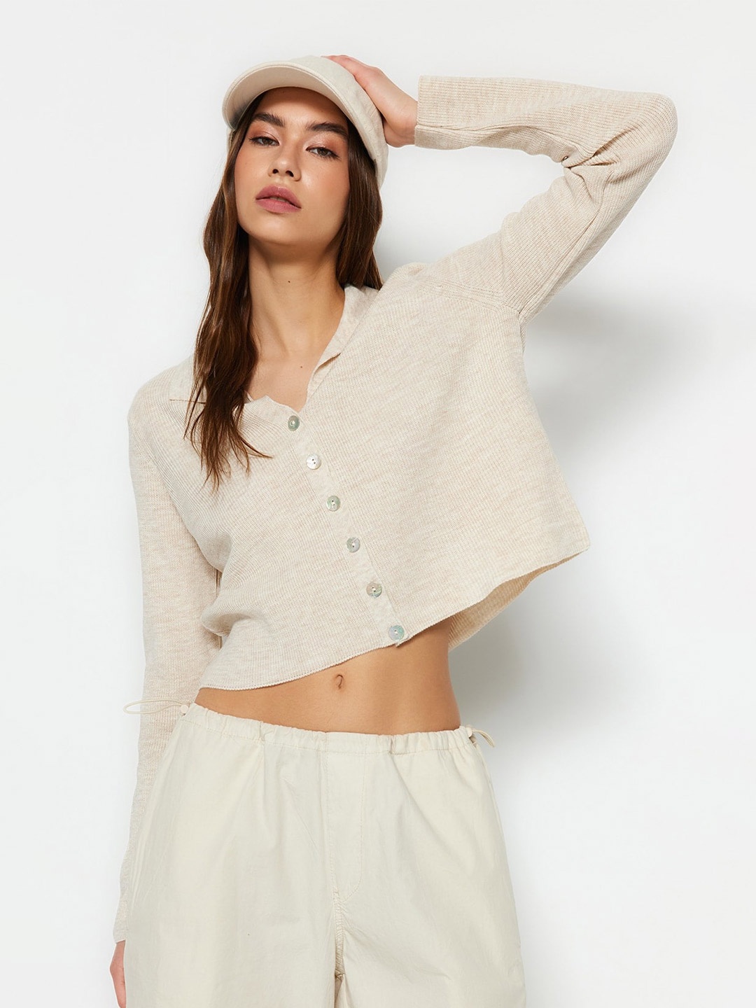 

Trendyol Ribbed Shirt Collar Crop Acrylic Cardigan, Beige