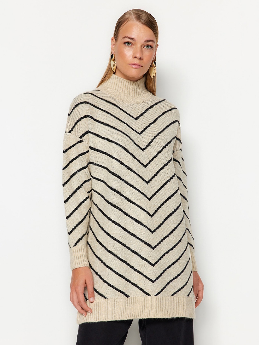 

Trendyol Striped Mock Neck Ribbed Longline Pullover, Beige