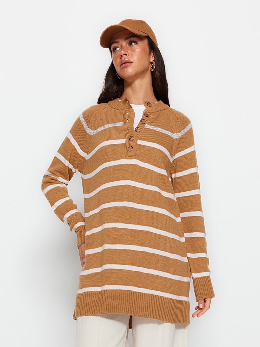 

Trendyol Striped Longline Pullover, Brown