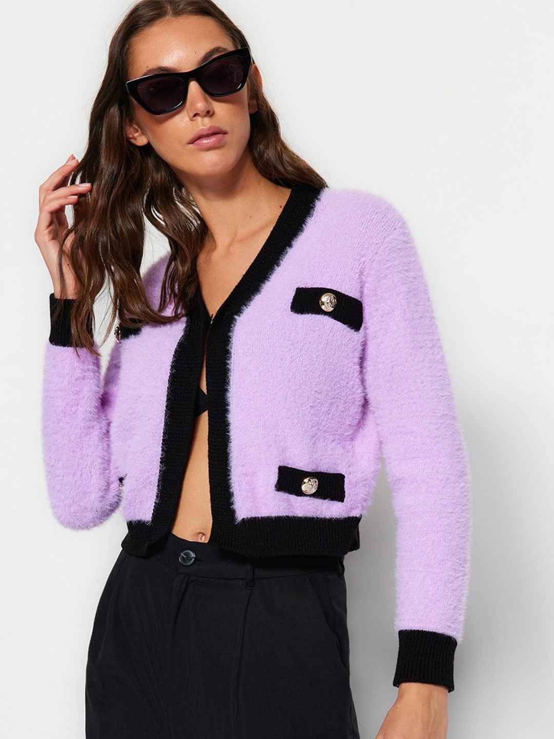 

Trendyol Colourblocked Front Open Sweater, Purple