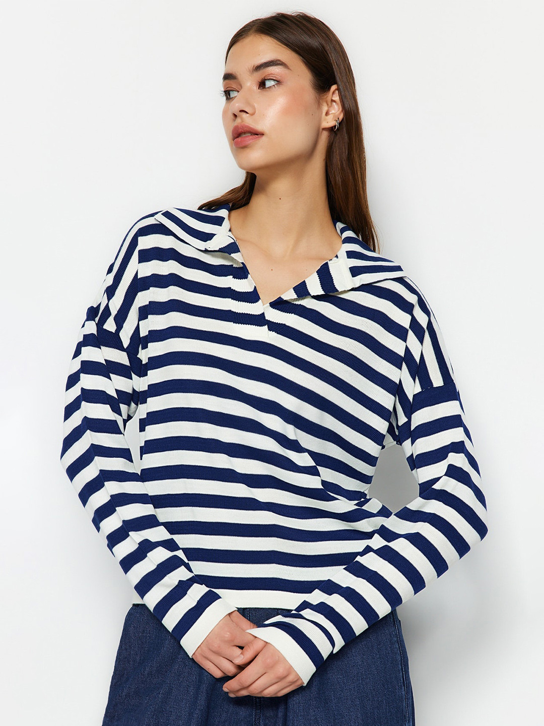

Trendyol Striped Polo Collar Drop-Shoulder Sleeves Acrylic Pullover, Blue