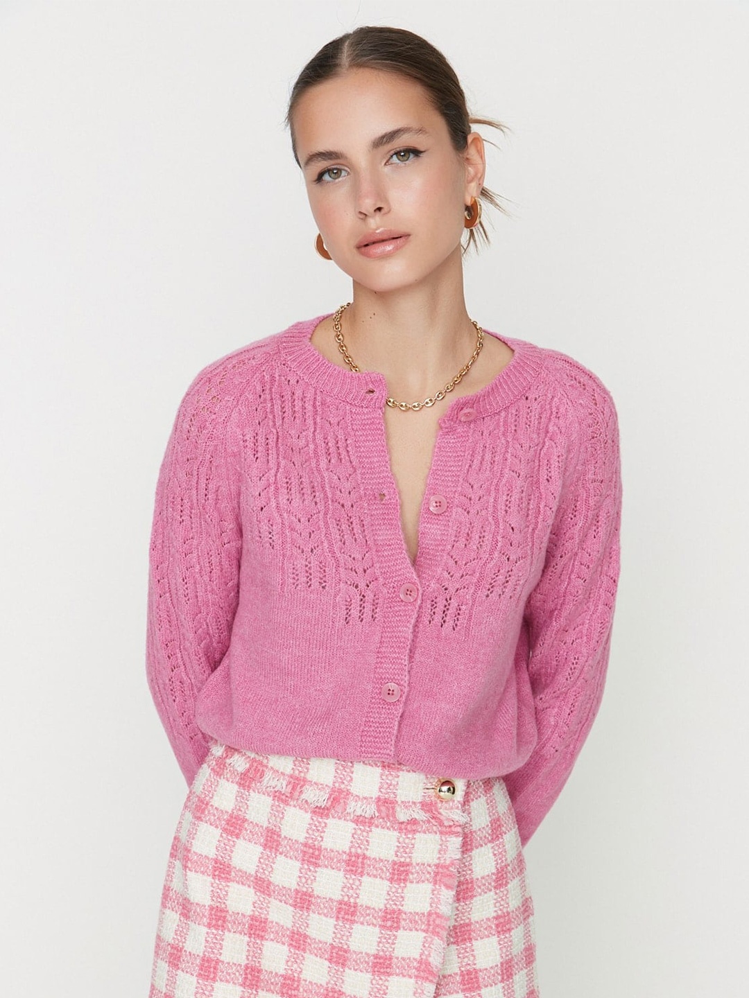 

Trendyol Open Knit Self Design Band Collar Cardigan, Pink