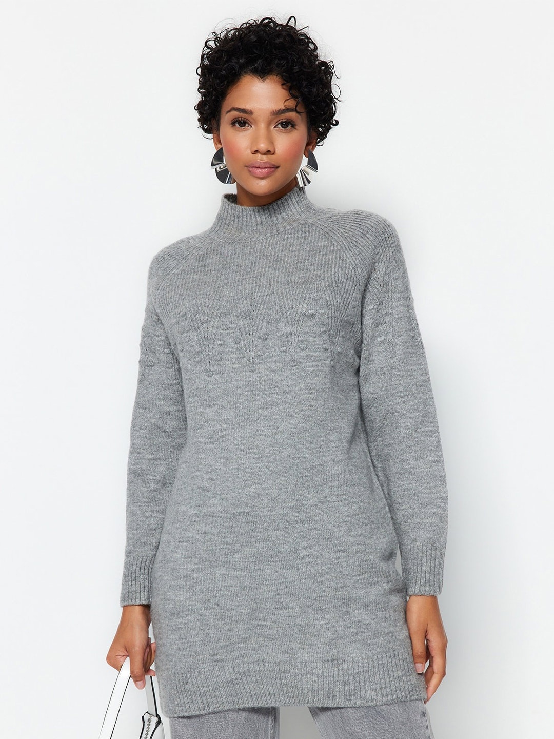 

Trendyol Mock Collar Longline Pullover, Grey