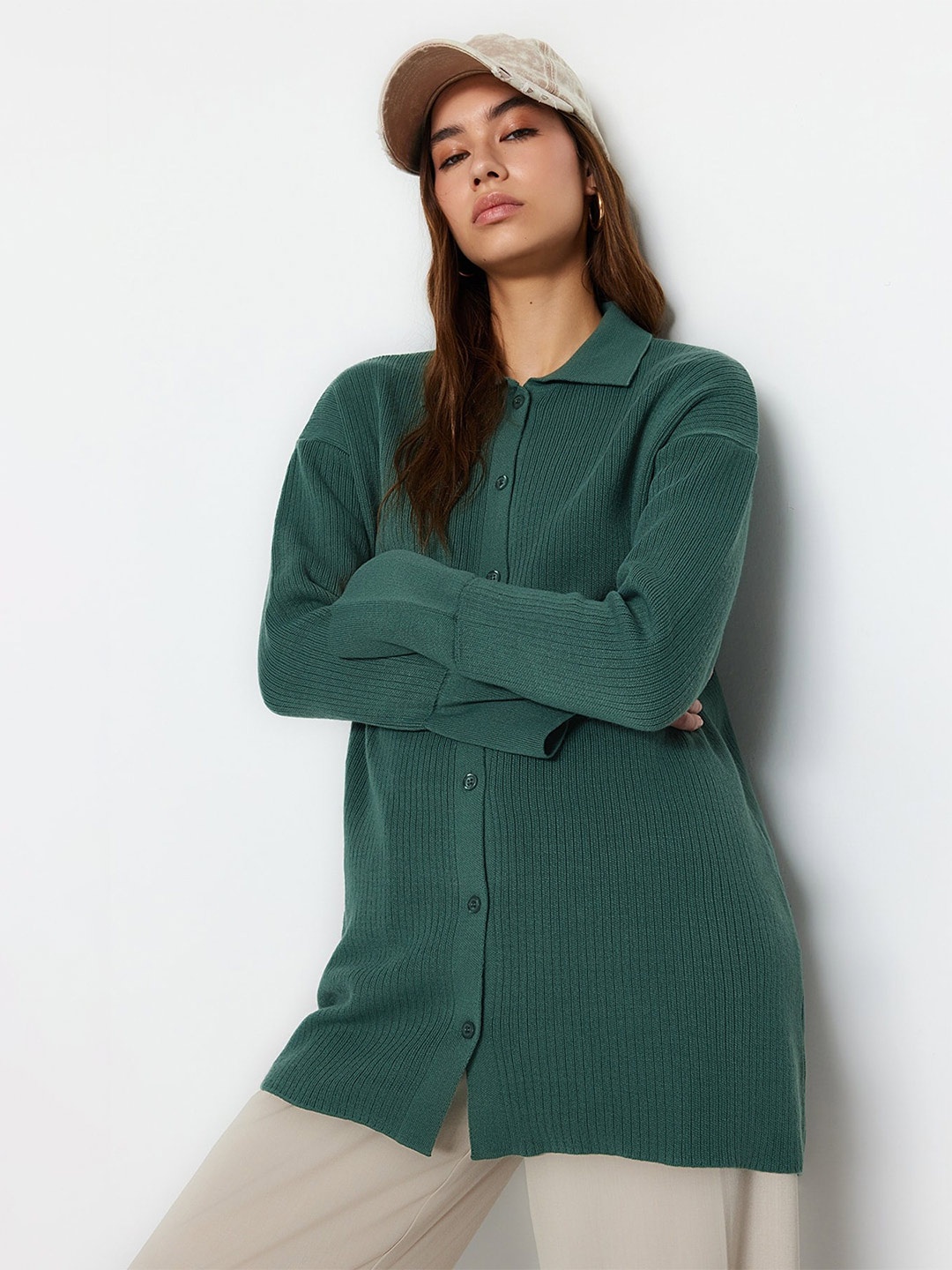 

Trendyol Shirt Collar Longline Acrylic Cardigan Sweater, Green