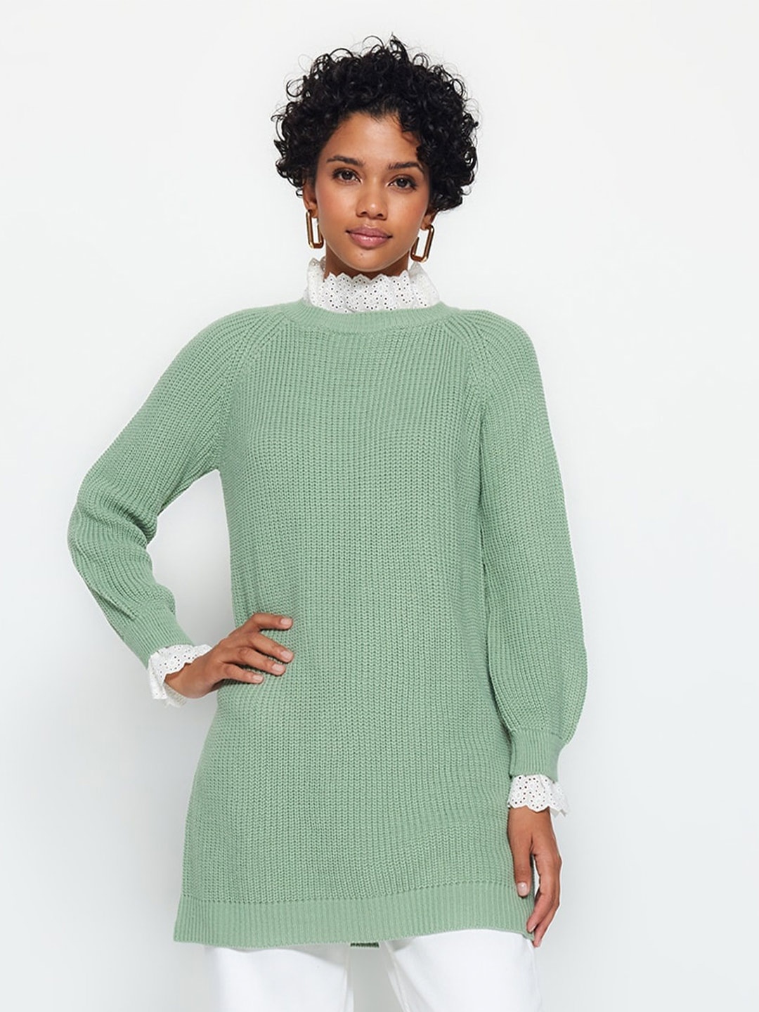 

Trendyol Ribbed Longline Acrylic Pullover, Green