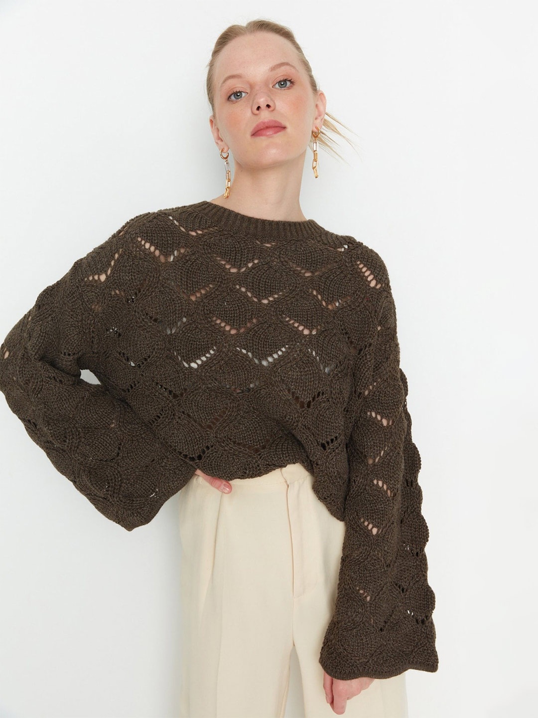 

Trendyol Open Knit Design Acrylic Pullover, Brown
